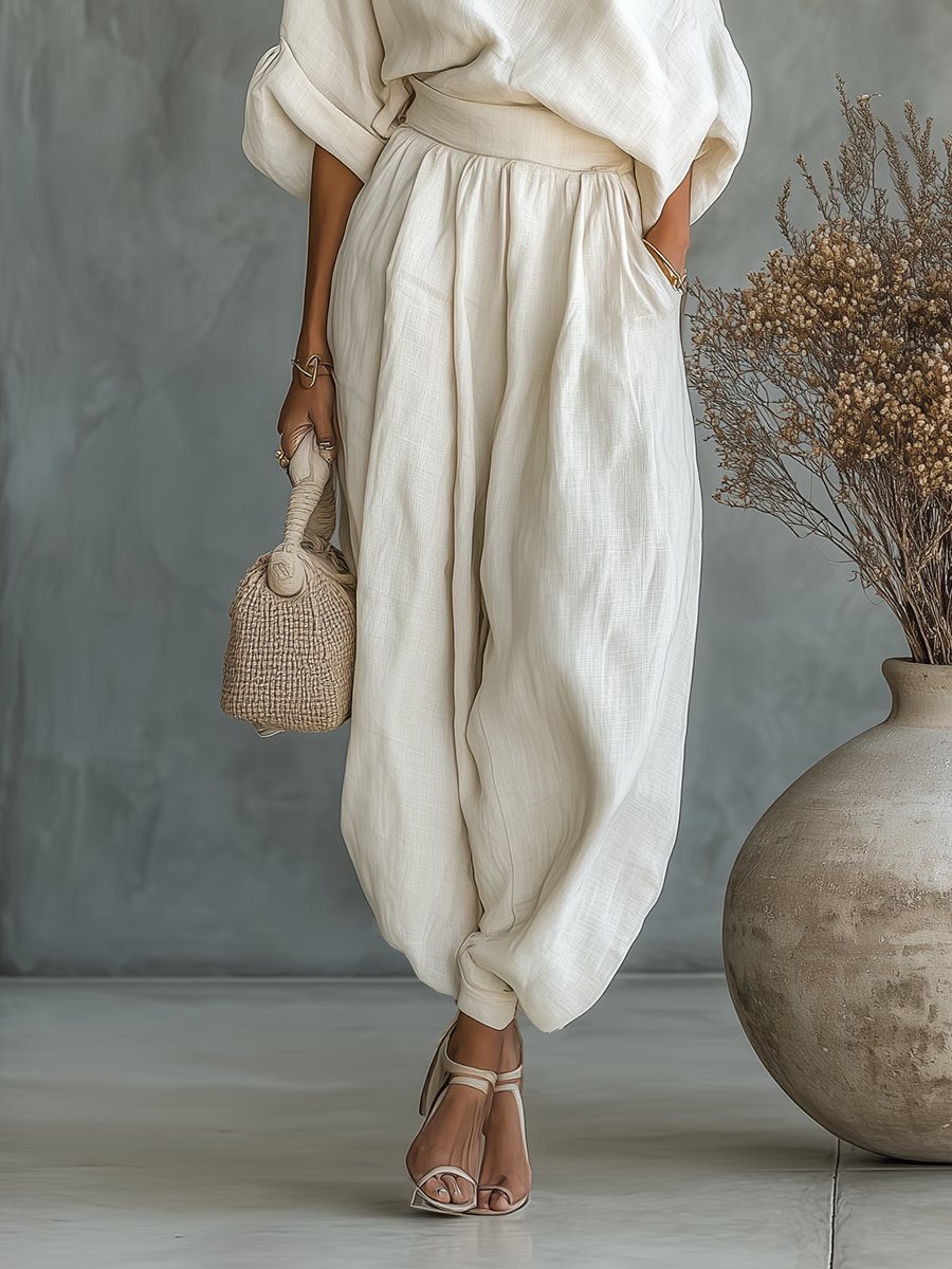 Ella | Weißes Leinen Set Off-Shoulder Hose