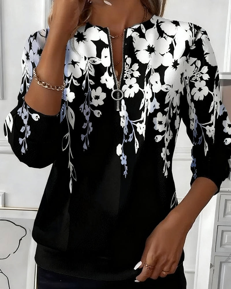 Davina | Blumen-Sweatshirt mit halbem Reißverschluss