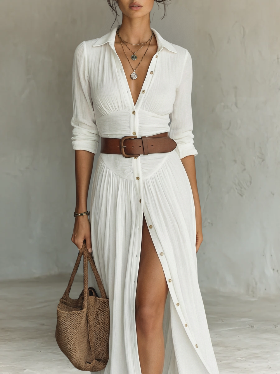 Weißes Leinen Faltenkleid Maxi