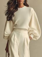 Isa | Ivory Crew Neck Top und Hochtaillierte Weite Hose Set