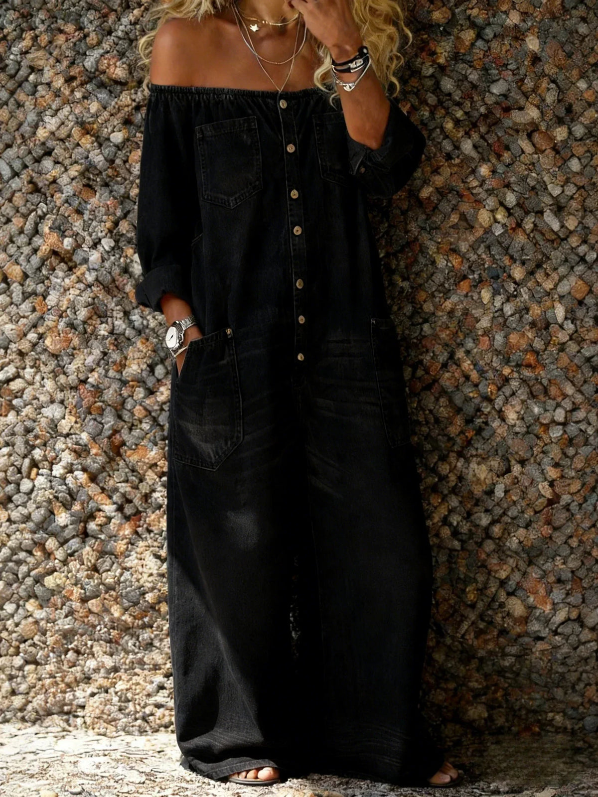 Veda - Off-Shoulder Denim-Jumpsuit mit lockerer Passform